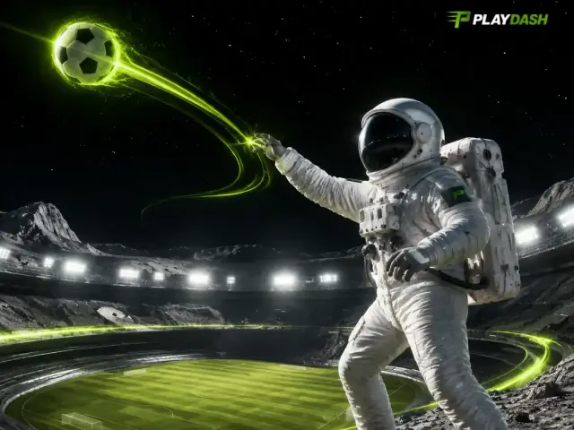 PlayDash astronaut volleying a glowing football above a floodlit stadium on the moon
