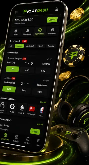 PlayDash sportsbook screen on a phone with live football odds and parlay boosts