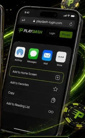 iPhone Safari share sheet with the Add to Home Screen option highlighted for PlayDash