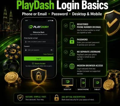 PlayDash login basics graphic: phone or email, password, desktop and mobile access