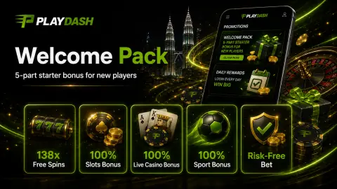 PlayDash welcome pack banner listing 138 free spins and four 100% starter bonuses