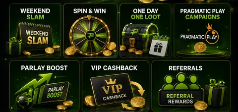 Grid of PlayDash promotion types including Weekend Slam, Spin and Win and VIP cashback
