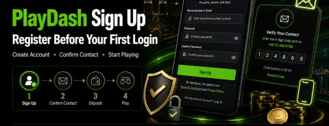 PlayDash sign up graphic showing create account, confirm contact and verification code screens