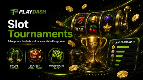 PlayDash slot tournaments banner covering Drops and Wins, scatter and multi game challenges