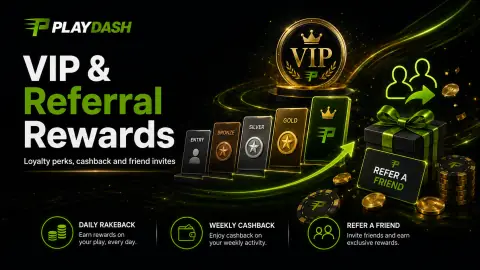 PlayDash VIP and referral rewards banner with rakeback, cashback and friend invites